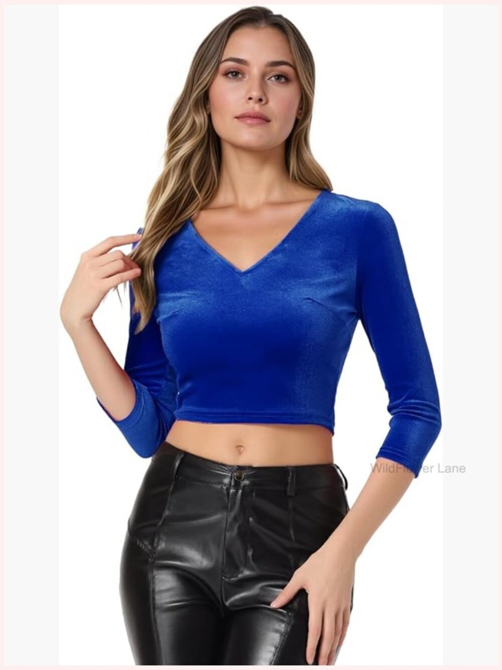 Velvet Crop Top 3/4 Sleeve V Neck Blouse Party Halloween